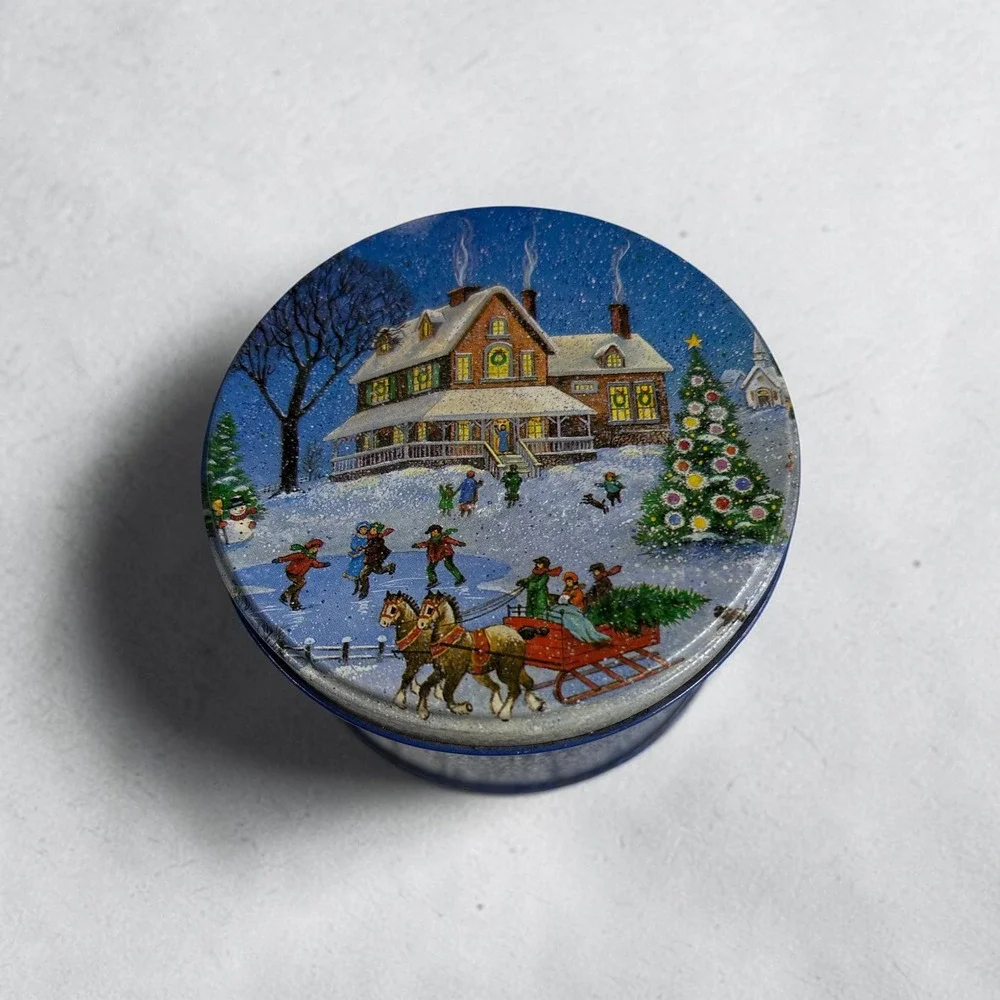 Vintage 1988 Potpourri Press Christmas Winter Village Metal Tin with Coaster